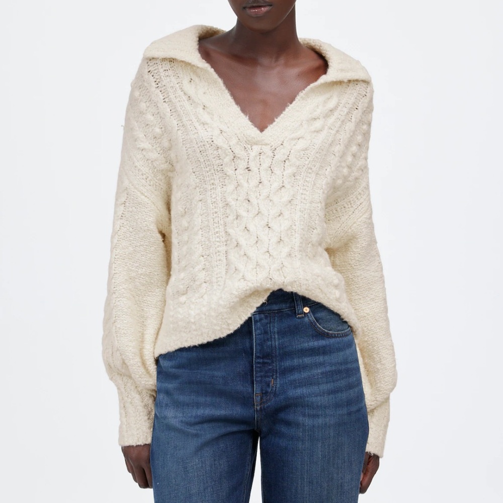 Madewell Popcorn Bubble Sleeve V Neck Collared Sweater Cream Size XXL